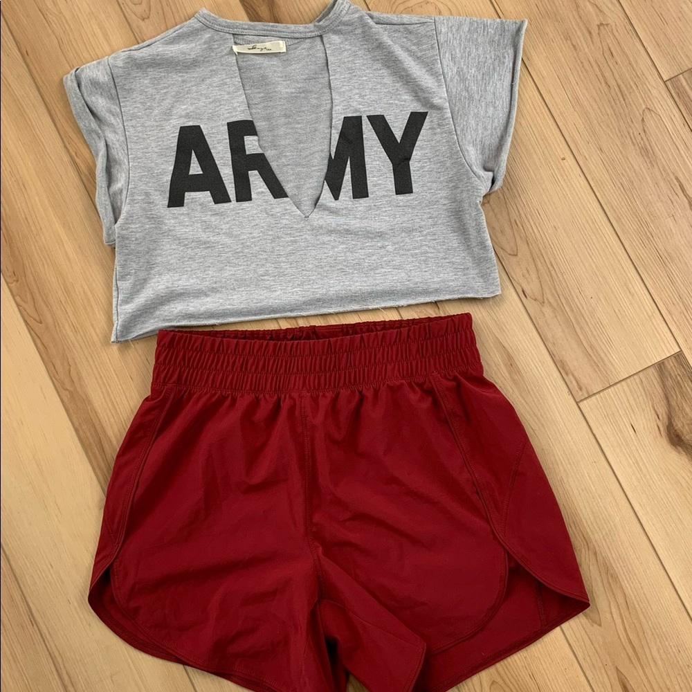 Cut off Army Shirt and High Waisted Athletic Shorts